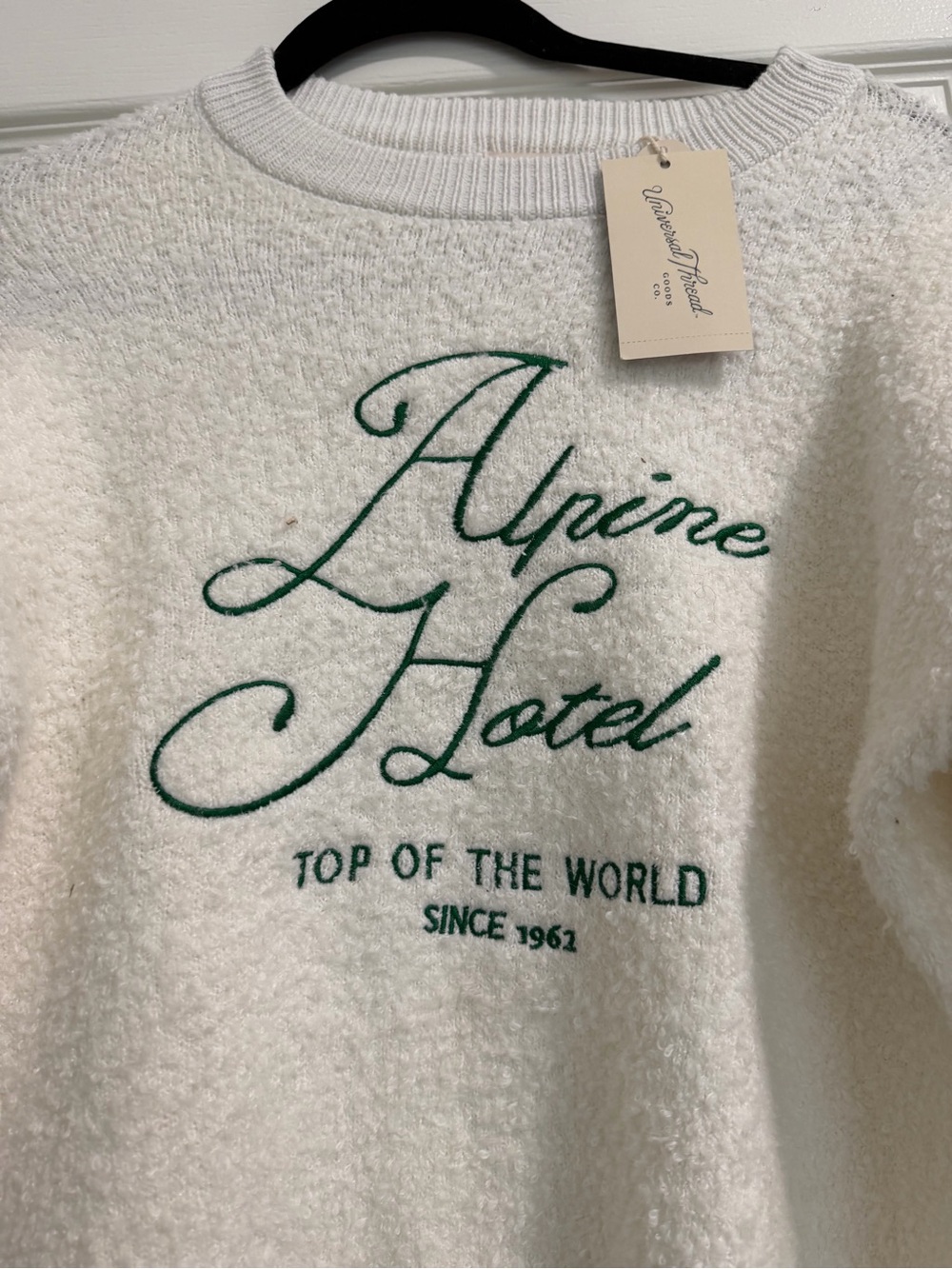 NWT Cozy Alpine Hotel Cream Pullover Sweater with Green Script - Picture 2 of 5